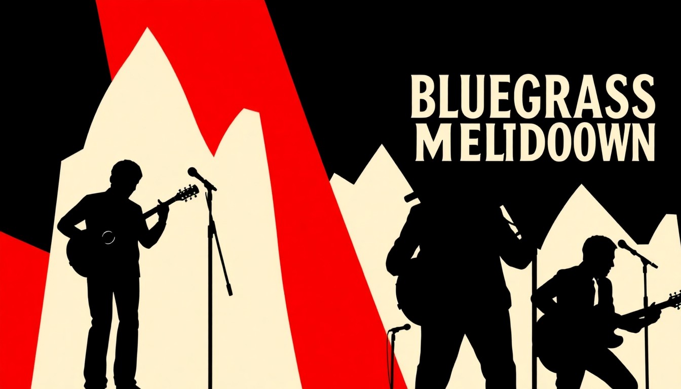 An abstract, minimalist illustration featuring bold, jagged geometric shapes and silhouettes in high-contrast colors, conceptually representing the energy and spirit of the Durango Bluegrass Meltdown festival.