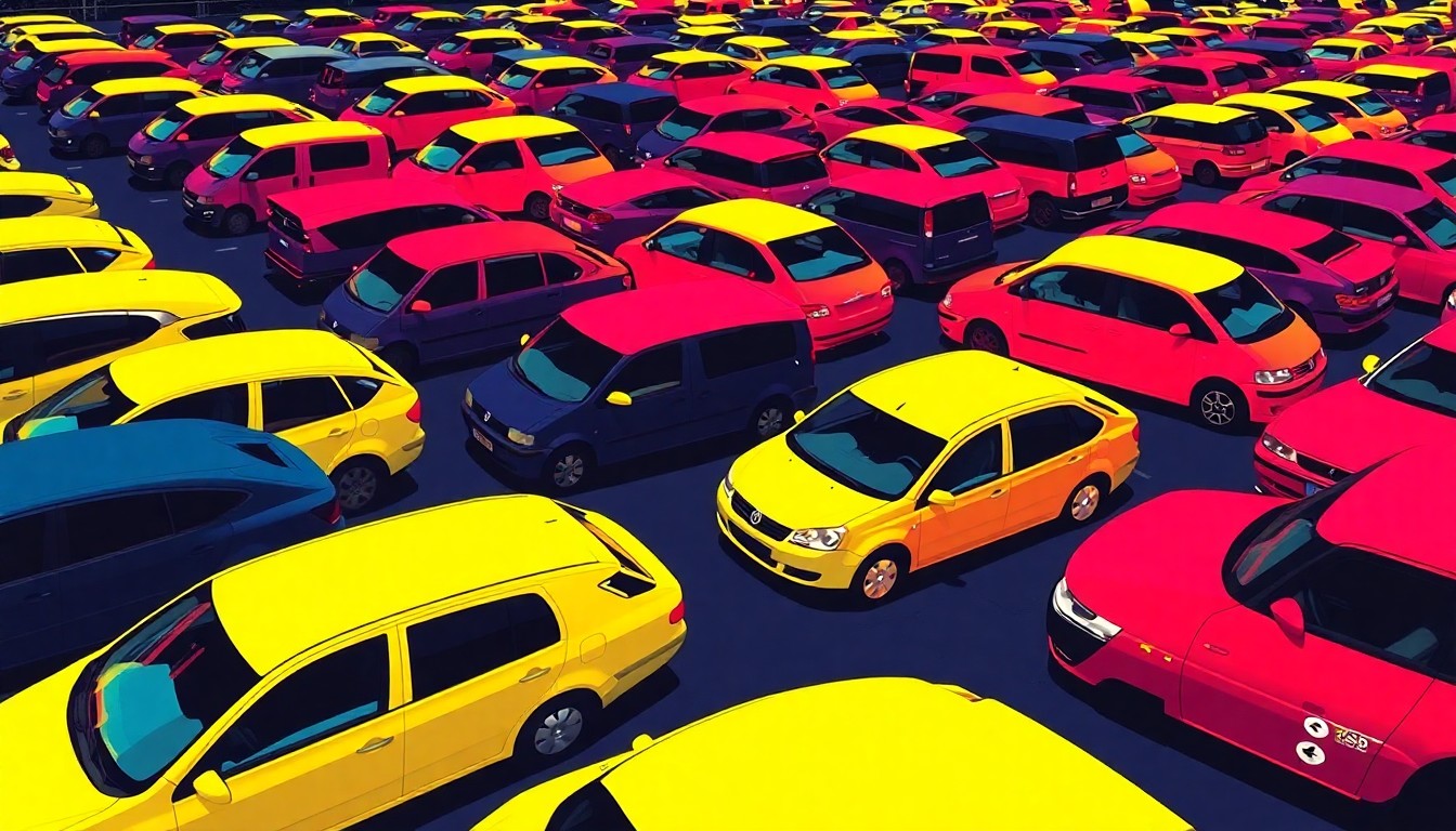 A brightly colored, high-contrast silkscreen-style illustration of multiple parked cars repeated in a tight grid pattern, representing the idea of managed overnight parking lots for people living in vehicles.