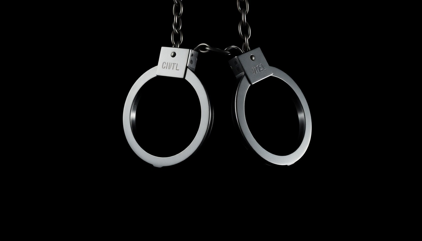 An extreme close-up of a pair of metal handcuffs against a stark black background, the harsh flash creating dramatic shadows and highlights that convey a sense of the serious legal stakes involved.