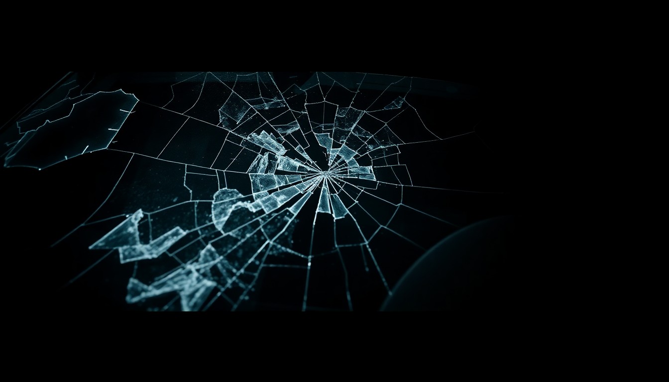 An extreme close-up photograph of a cracked and damaged car windshield, lit by a harsh, direct camera flash against a pitch-black background, conceptually illustrating the violence and investigation surrounding a fatal vehicular attack.