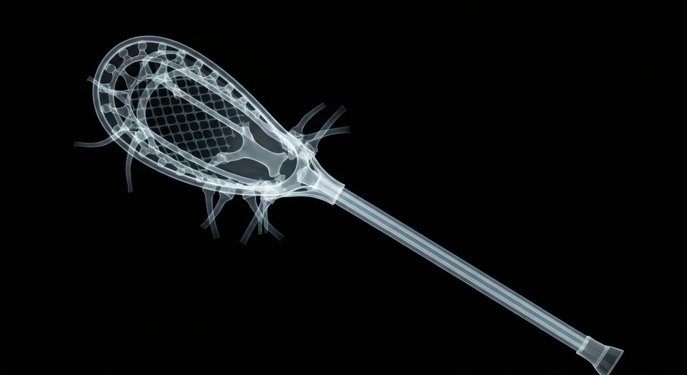 A ghostly, translucent X-ray photograph revealing the intricate internal structure of a lacrosse stick, conceptually representing the fragility of life and the courageous fight against a devastating illness.