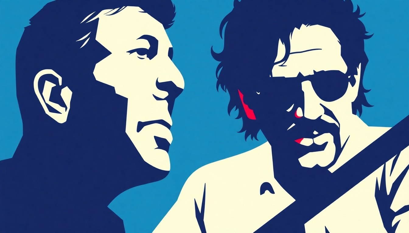 An abstract, minimalist illustration featuring bold, jagged shapes in shades of blue, red, and white, conceptually representing the collaboration between legendary musicians Bruce Springsteen and Little Steven.