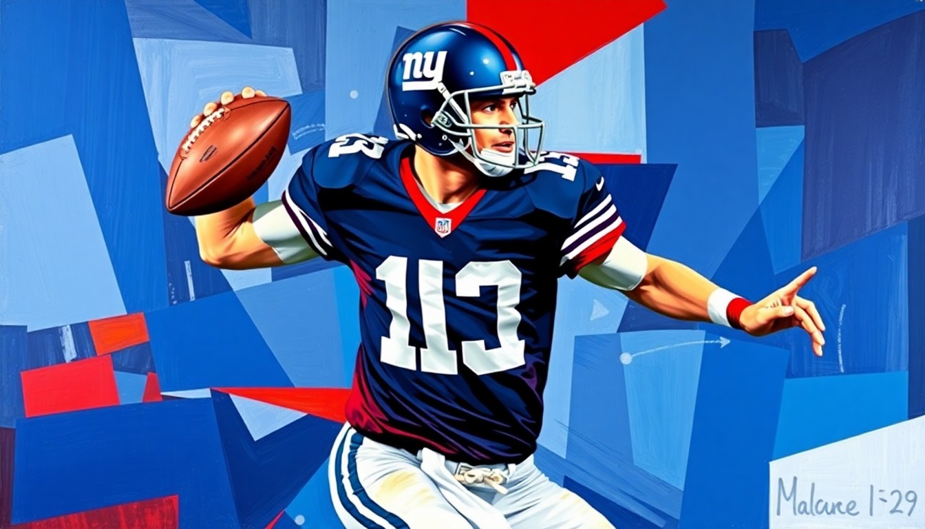 A cubist, geometric painting depicting a football quarterback in motion, with sharp planes of navy blue, red, and white overlapping to create a dynamic, fragmented visual representation of the player's movements.