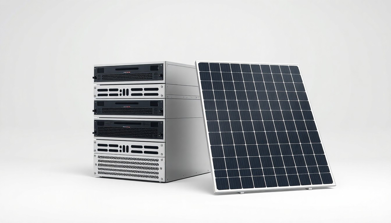A photorealistic studio still life featuring a stack of metallic data server racks and a solar panel, conceptually representing New Era Energy & Digital's focus on building critical digital and renewable energy infrastructure.
