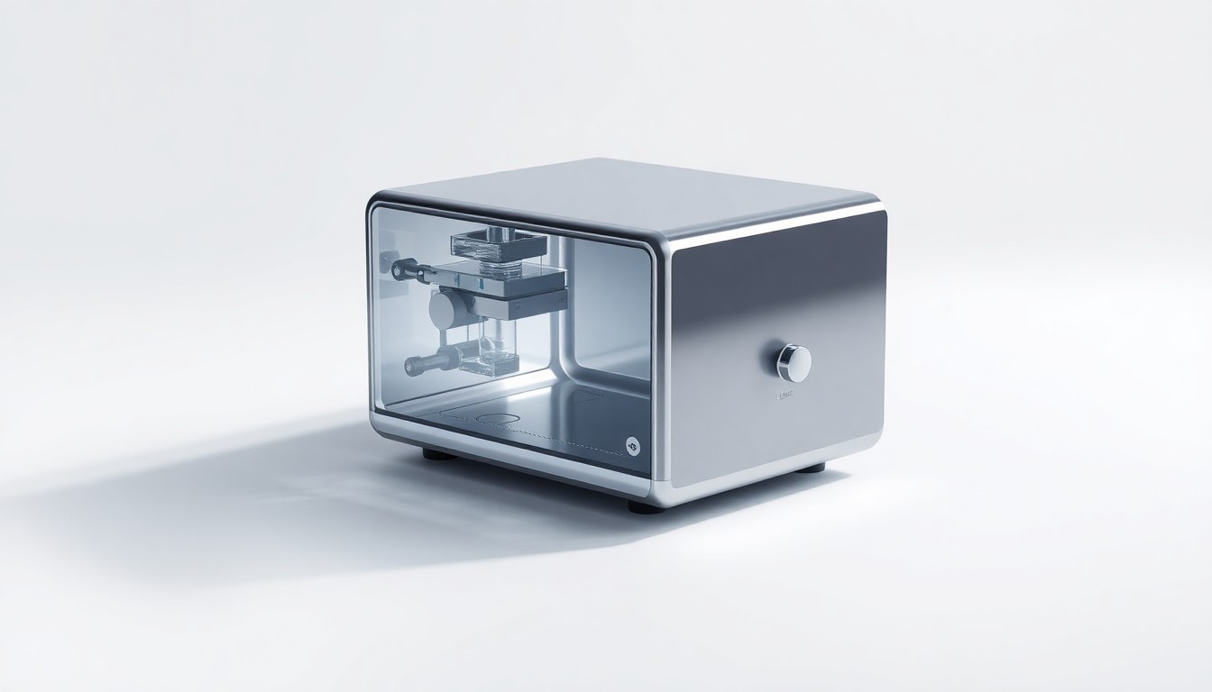 A photorealistic studio still-life photograph of a sleek, modern medical device made of polished stainless steel and glass, floating on a clean white background and dramatically lit to symbolize the precision and innovation of Outset Medical's dialysis technology.