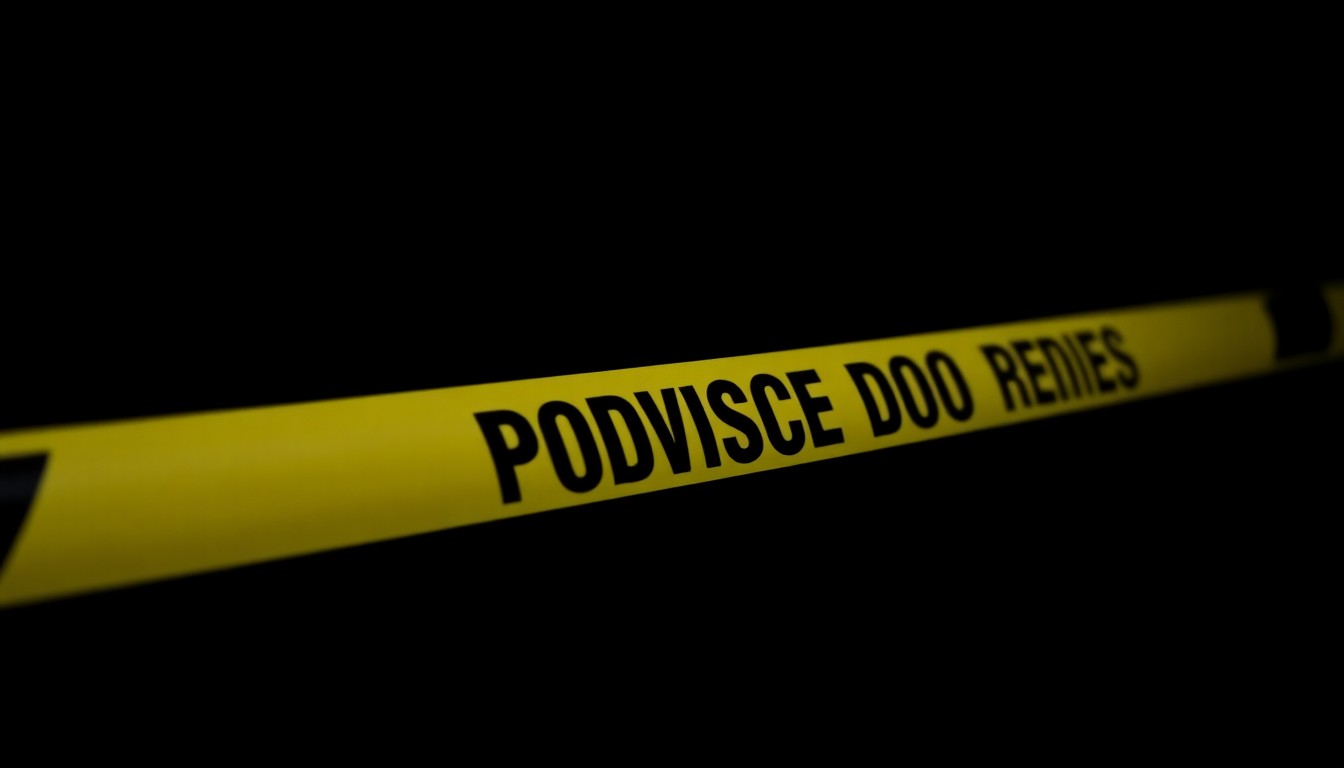 An extreme close-up of police tape against a dark background, creating a stark, gritty, investigative aesthetic through the use of harsh flash lighting.