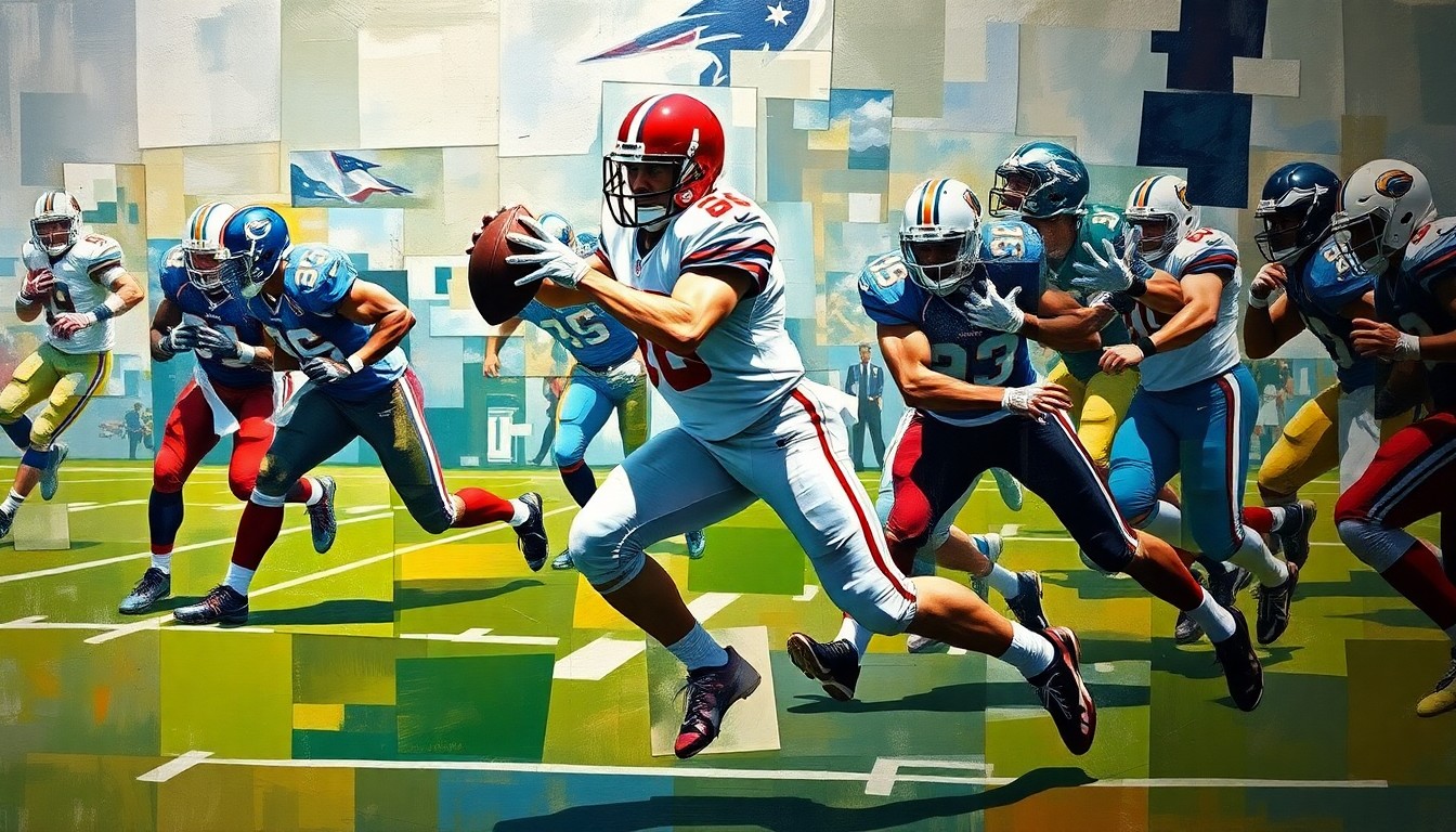 A cubist-style painting depicting a football player in the midst of a pass rush, their body and movements fractured into sharp, overlapping geometric shapes in a vibrant color palette.