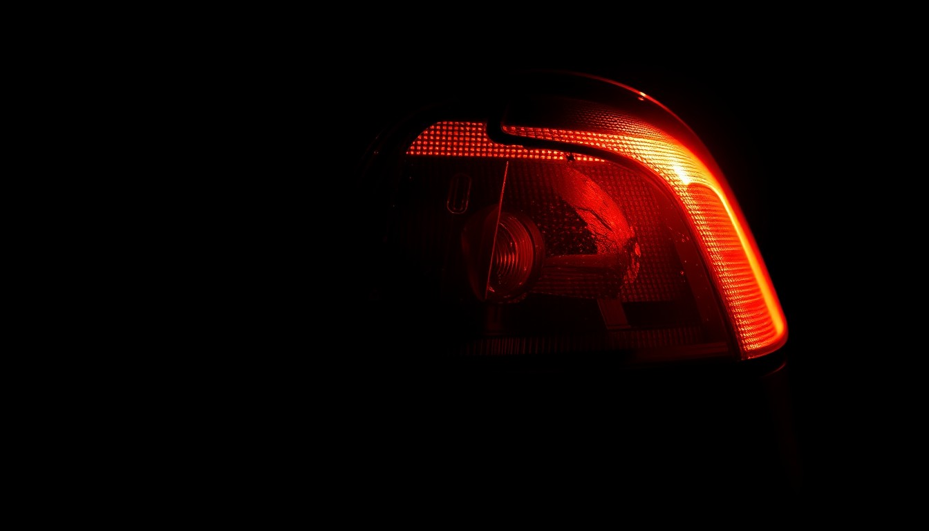 An extreme close-up photograph of a damaged car sensor or tail light, lit by a harsh, direct camera flash against a pitch-black background, conceptually illustrating the aftermath of a high-speed police pursuit.