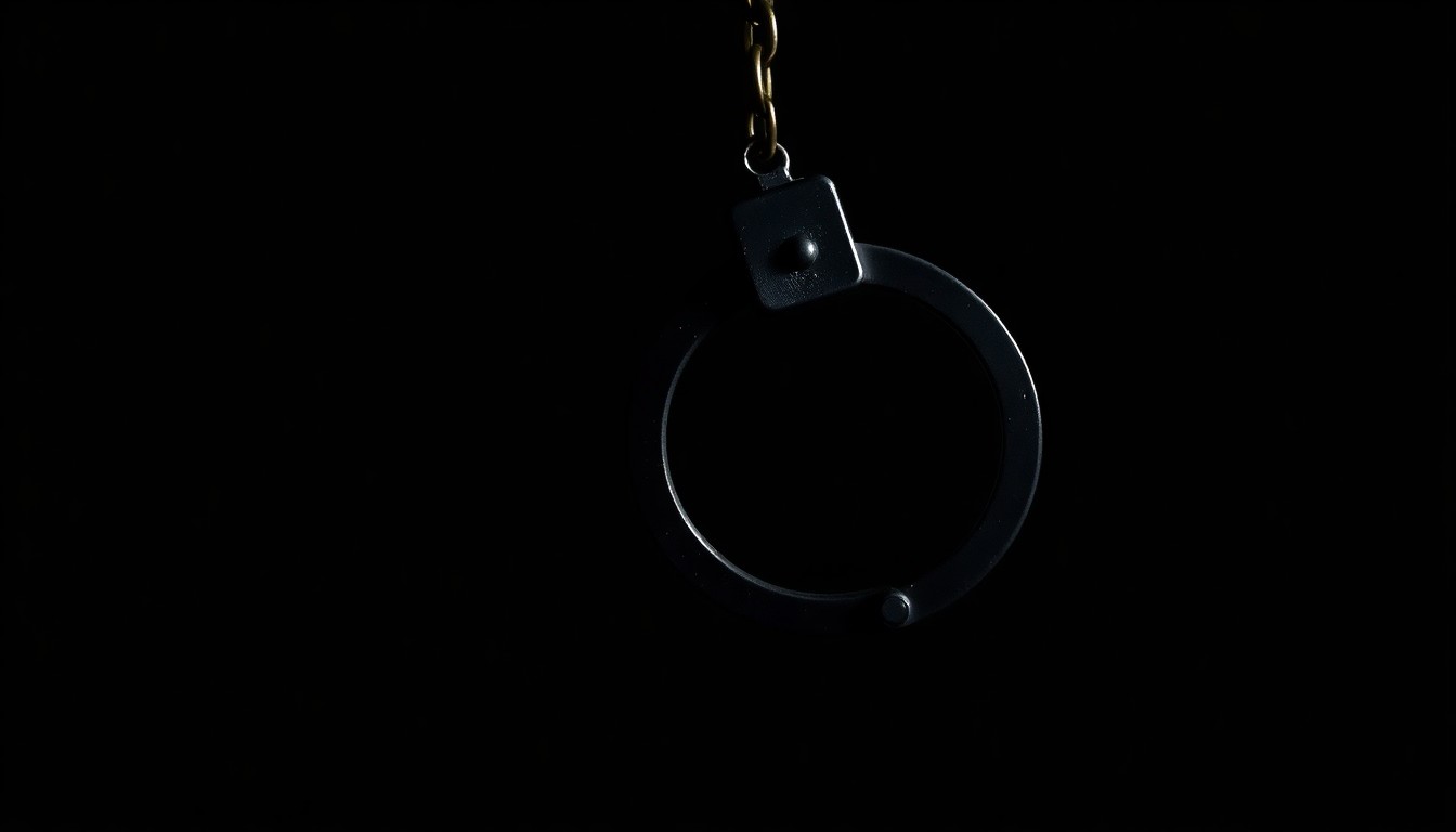 An extreme close-up photograph of a single metal handcuff against a completely black background, dramatically lit by a harsh camera flash to create a stark, gritty, investigative aesthetic.
