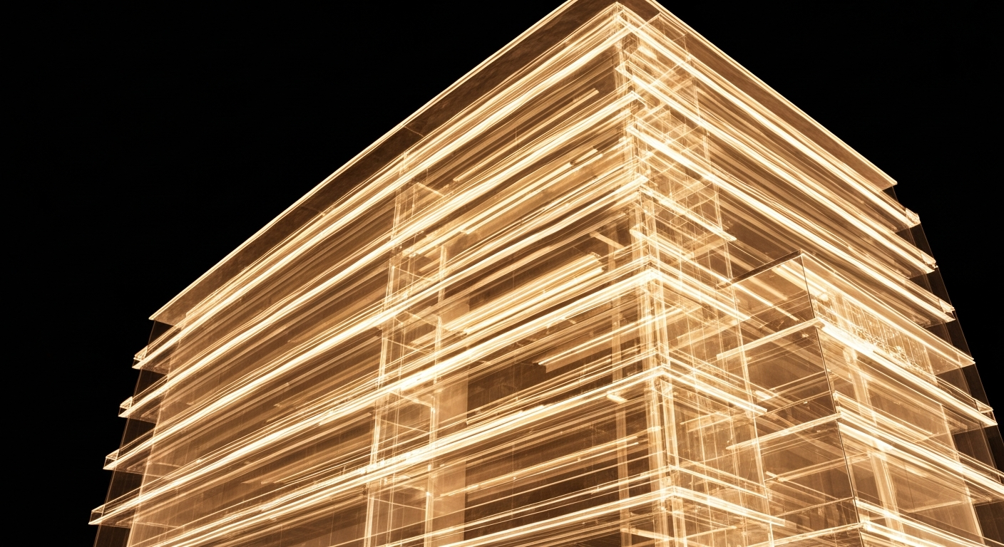 A ghostly, translucent X-ray image showing the intricate internal structure of a modern medical clinic building, with glowing lines and shapes representing the various services and programs that will be offered at the new WellSpace Health campus.