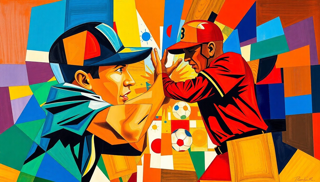 A fractured, multi-perspective painting depicting a baseball brawl, with players' bodies and the field of play broken down into sharp, overlapping geometric shapes in a vibrant color palette.