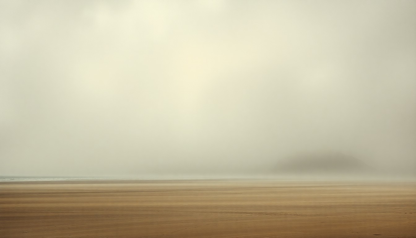 A serene, atmospheric landscape painting depicting a foggy beach scene, with the shoreline and horizon line receding into the distance, conveying a sense of the overwhelming scale and transient nature of the natural environment.