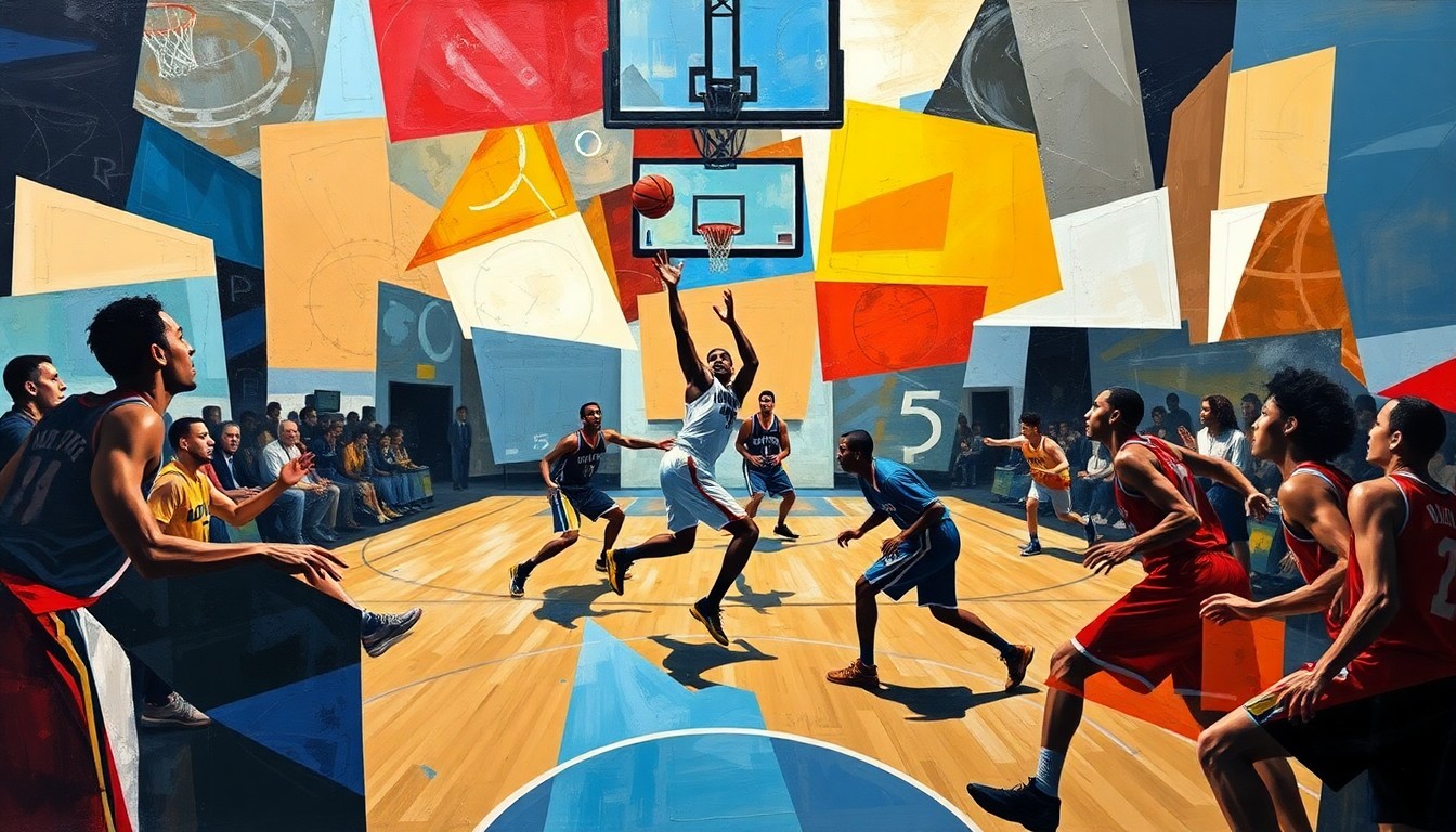 A cubist-style painting featuring fragmented, geometric shapes and lines that represent basketball players in motion, capturing the dynamic energy of the sport.
