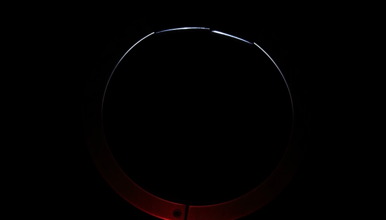 An extreme close-up photograph of a single handcuff, capturing the metallic texture and reflective surface in dramatic lighting to conceptually represent the complexities of the criminal justice system.