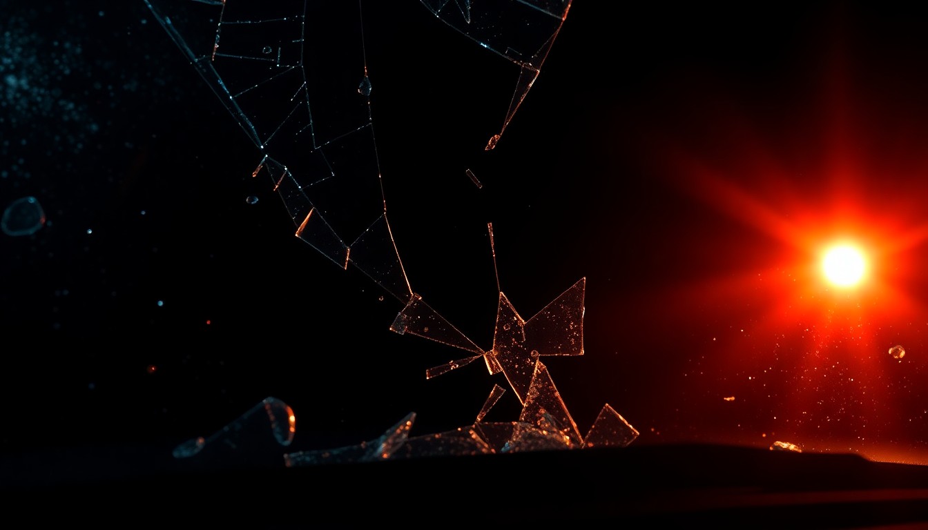 An extreme close-up photograph of a shattered car windshield, the fractured glass reflecting a faint red light against a pitch-black background, conceptually representing the tragic aftermath of a pedestrian fatality on the highway.