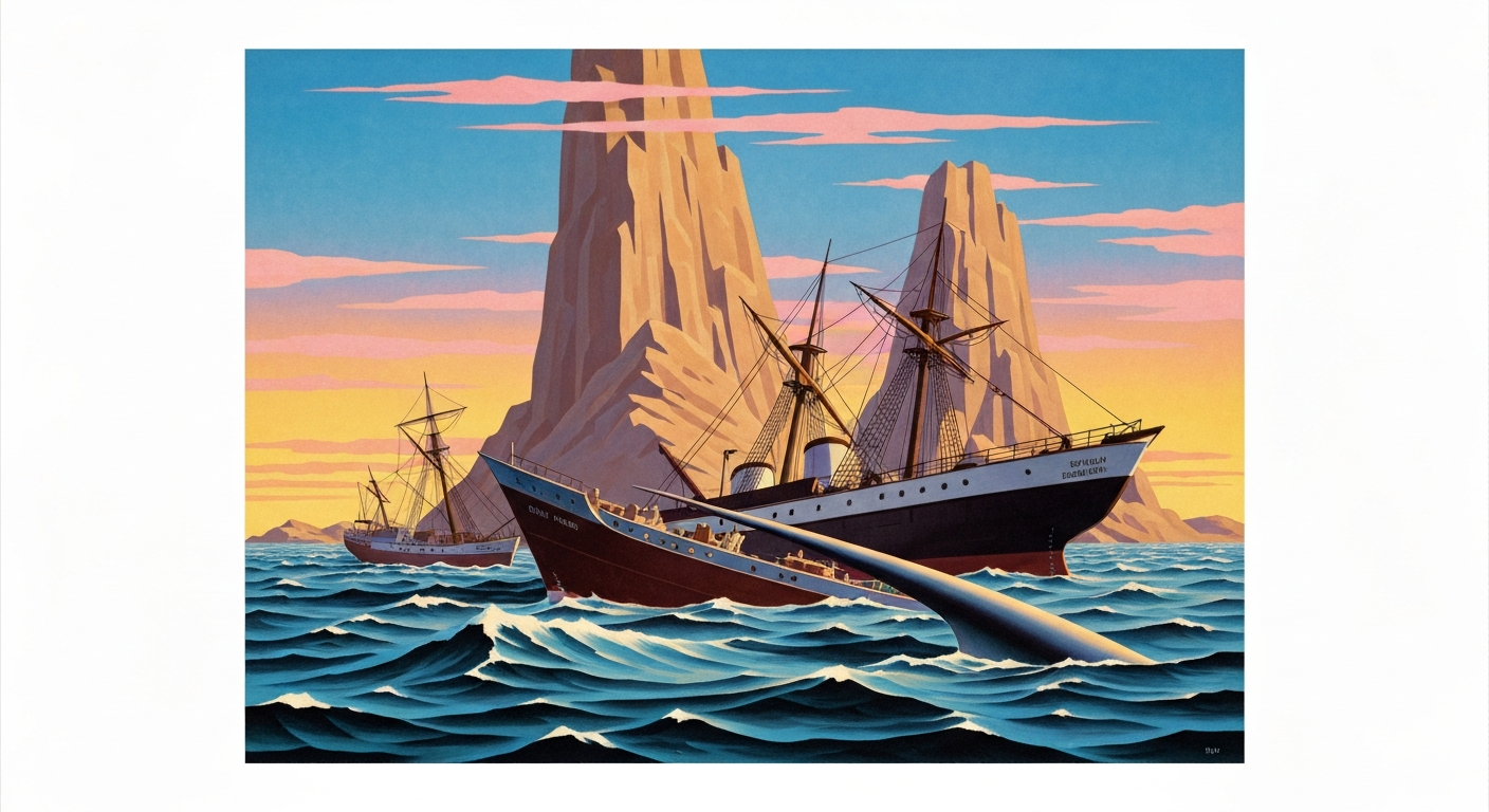 A dramatic, abstract illustration in the Art Deco style, depicting the towering, geometric silhouette of a shipwreck against a backdrop of sweeping, airbrushed gradients in shades of blue and gray, conveying the scale and emotion of the Lady Elgin disaster.
