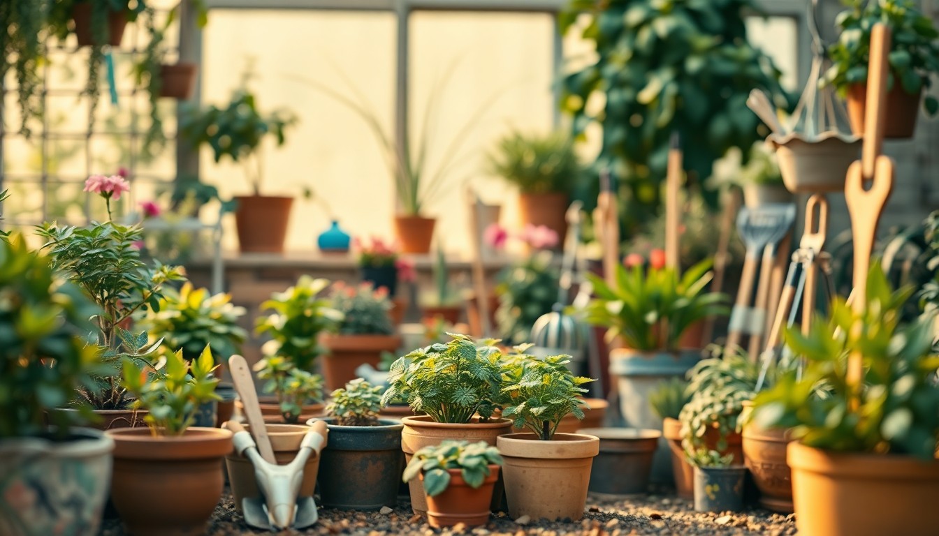 An extremely abstracted, out-of-focus photograph in soft pools of warm color and light, depicting various lifestyle objects associated with community gardening such as potted plants, gardening tools, and other garden decor.