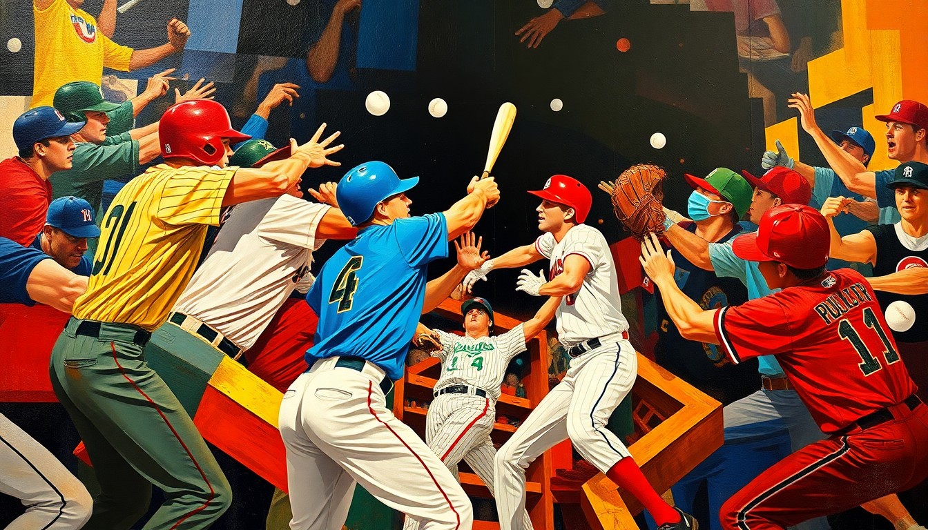 A fragmented, cubist-style painting depicting the chaotic movements and confrontation of a baseball brawl, with the players' bodies and uniforms broken down into sharp, overlapping geometric shapes and planes of color.