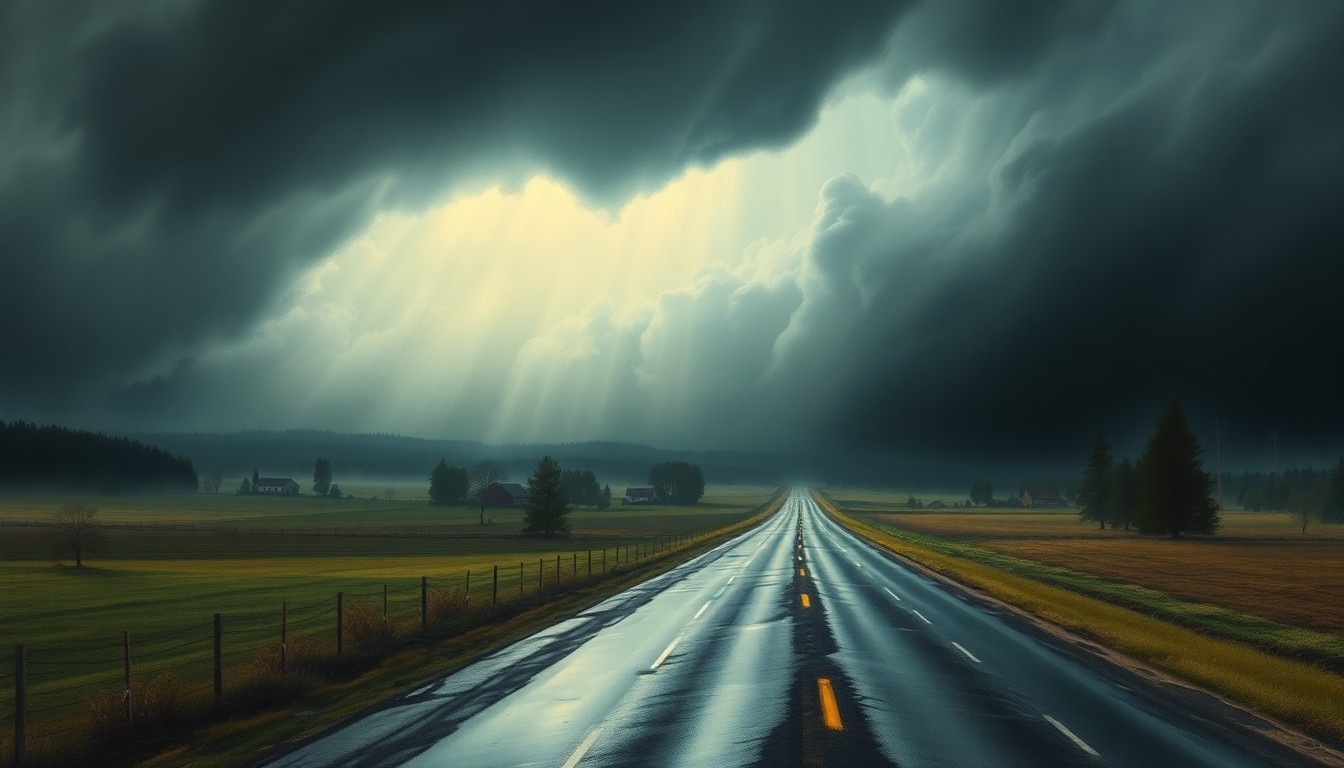 A vast, atmospheric landscape painting depicting a heavy rainstorm sweeping across a rural northern Michigan countryside, with any physical structures or roads dwarfed by the powerful natural forces.