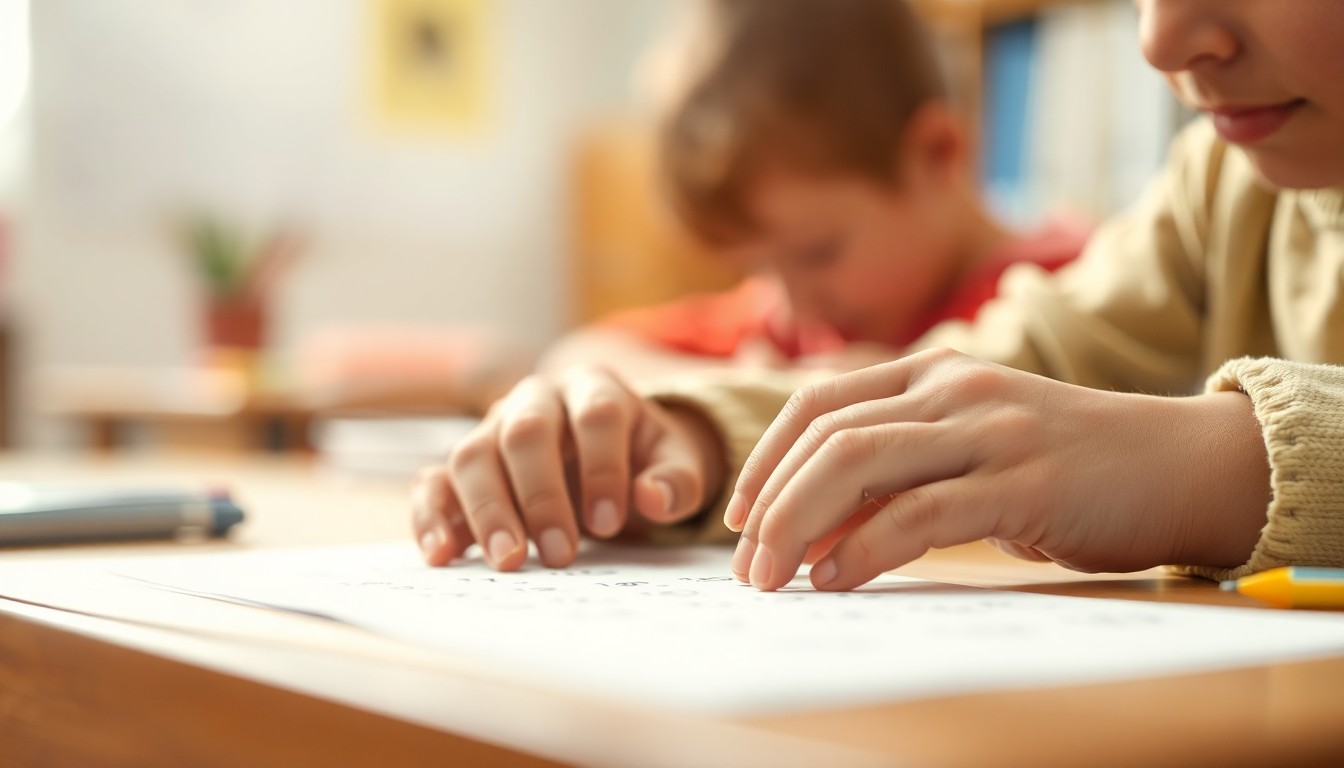 A soft, blurred photograph of a child's hands working on a math problem on a desk, with a warm, out-of-focus educational setting in the background, conveying a sense of focused learning and personal growth.