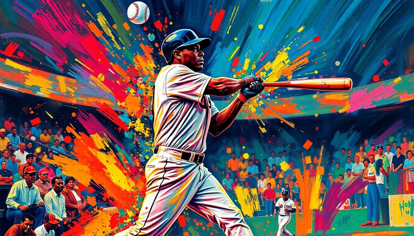 An abstract, expressionist painting featuring bold, neon-colored brushstrokes capturing the dynamic motion and energy of a baseball player's swing, conceptually representing the historic moment Hank Aaron broke Babe Ruth's home run record.