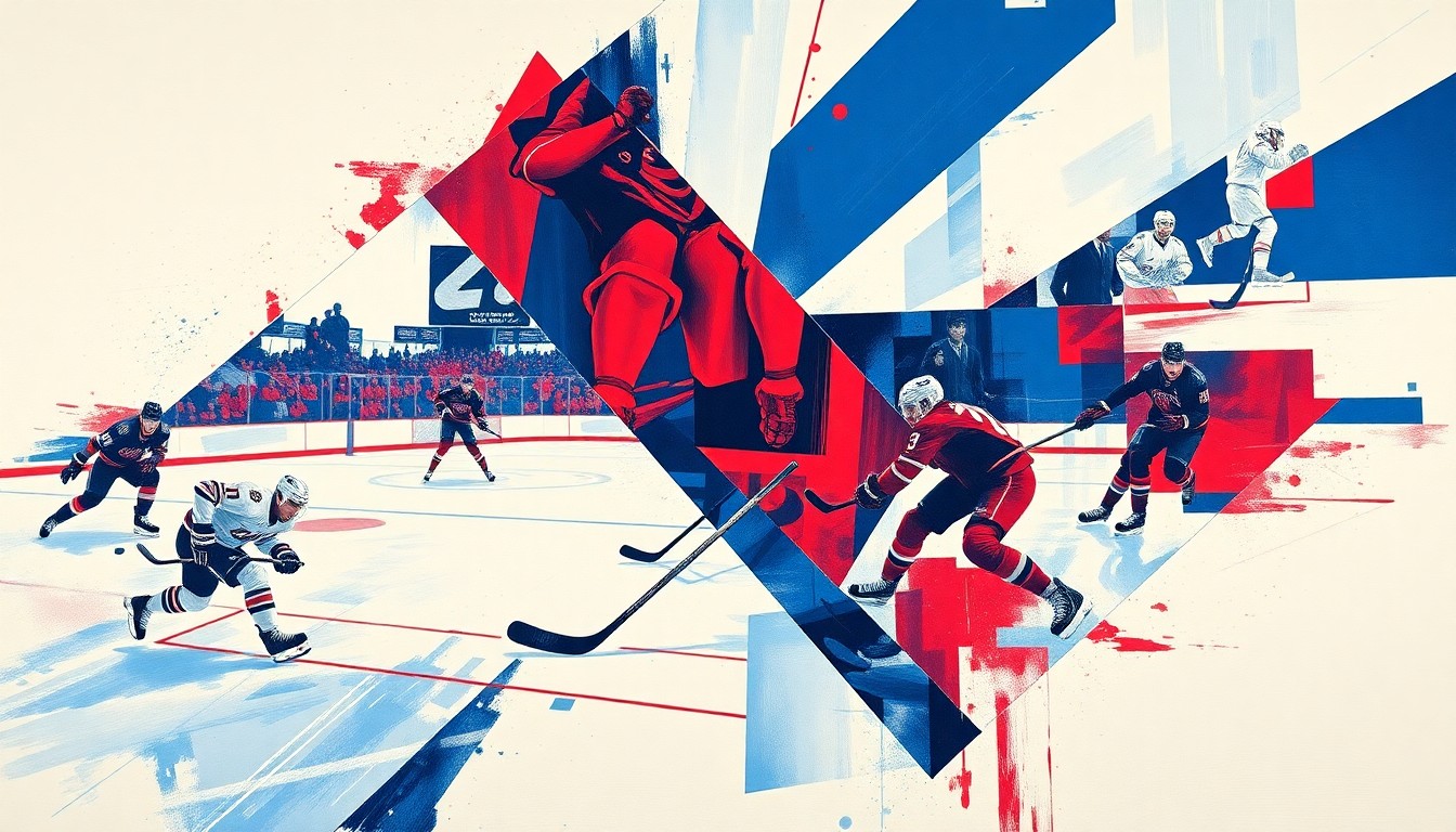 A cubist, geometric painting depicting a hockey player in motion, with sharp planes of color and overlapping perspectives conveying the dynamic energy of the sport.