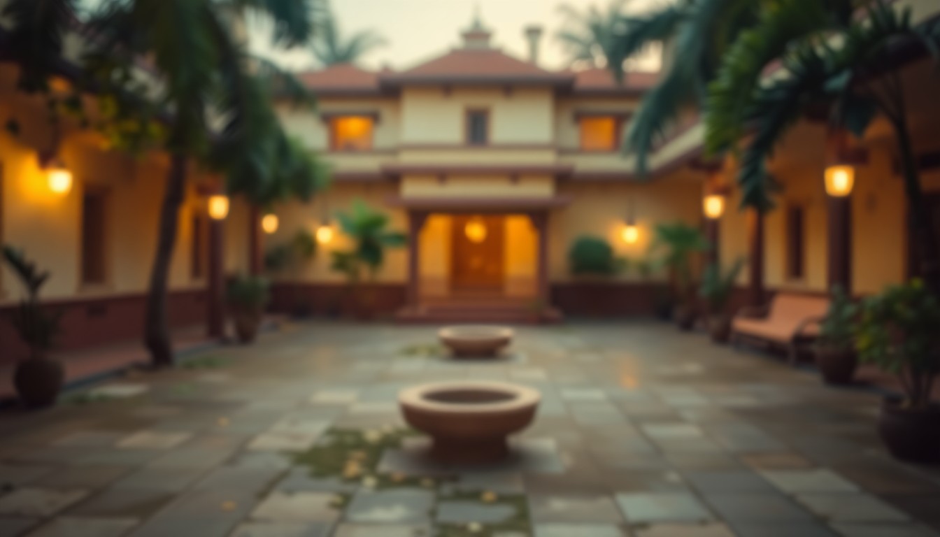 An extremely abstracted, out-of-focus photograph of an ashrama courtyard, with soft pools of warm light and color creating a tranquil, meditative atmosphere.