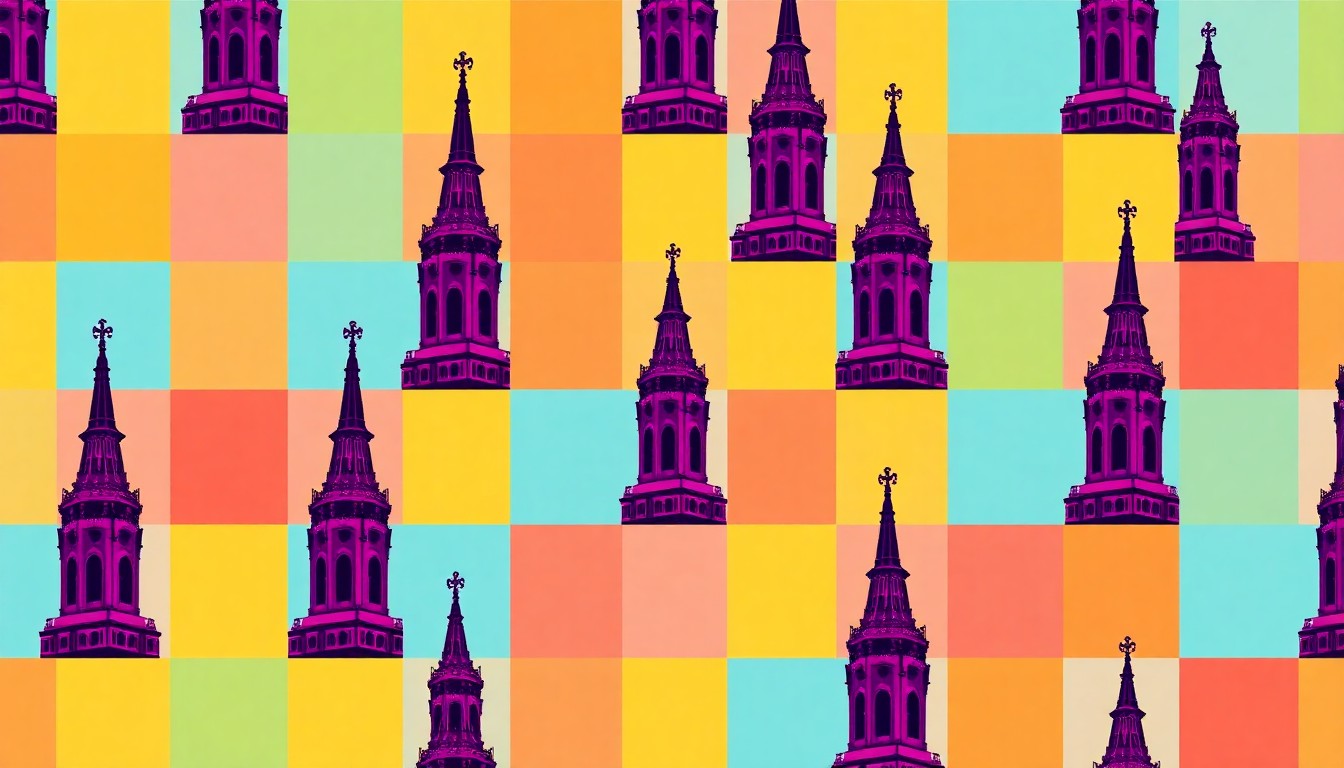 A bold, colorful silkscreen-style illustration featuring a repeated image of a church steeple in a grid pattern, using bright neon hues and heavy black outlines to create a modern pop art interpretation of a historic religious structure.