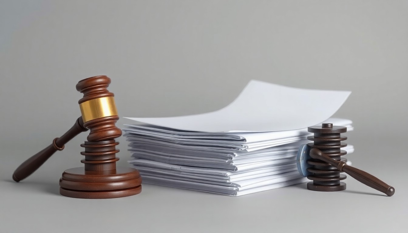 A photorealistic studio still life featuring a stack of legal documents, a gavel, and a utility pole insulator, conceptually representing the corporate legal battles surrounding a utility company's wildfire liability.
