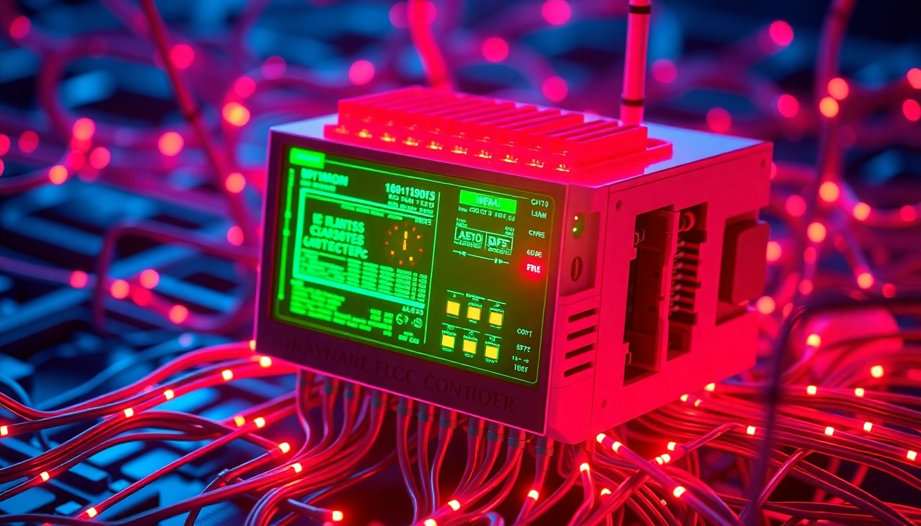 A highly detailed, glowing 3D macro illustration of a programmable logic controller device used in industrial control systems, surrounded by a complex web of digital infrastructure, representing the interconnected nature of critical systems targeted by Iran-linked hackers.