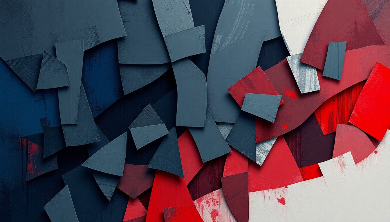 A dynamic, fragmented painting in shades of blue, grey, and red depicting the outline of a voting booth or ballot box, conveying the turbulent and contested nature of this political contest.