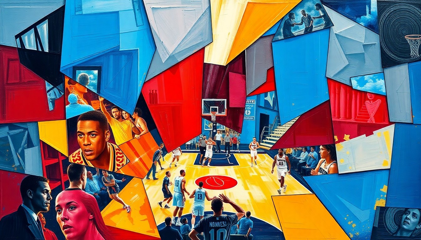 A cubist, geometric painting depicting fragmented, overlapping scenes of a college basketball game or recruiting event, using Carolina blue, crimson red, and gold colors to conceptually represent the strategic rebuilding of the UNC program.