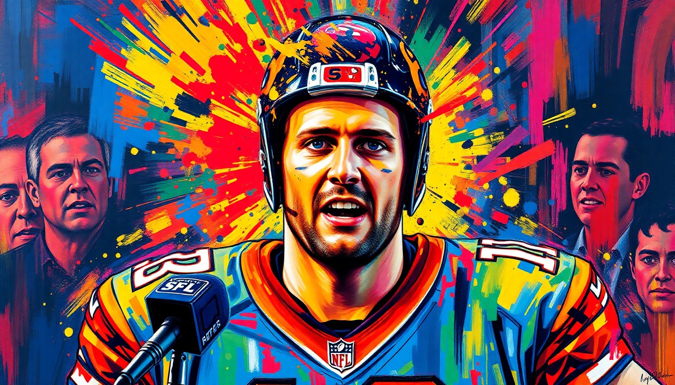 An abstract, expressionist painting in neon colors depicting the dynamic energy and movement of an NFL quarterback during a press conference, with the player's face and uniform dissolving into vibrant brushstrokes.