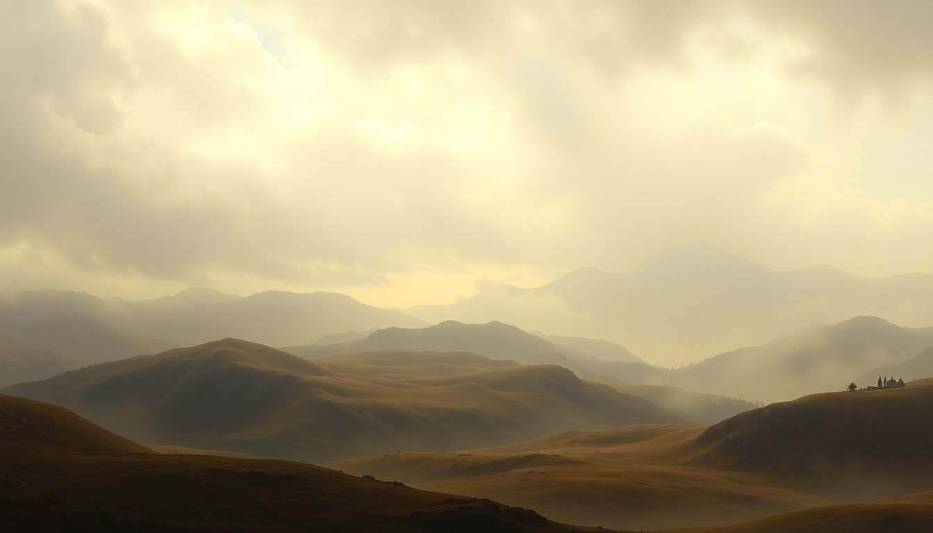 A sweeping, atmospheric landscape painting in muted tones of gray, blue, and green, with distant hills and mountains obscured by hazy, windswept clouds, conveying the overwhelming scale and force of the natural environment.