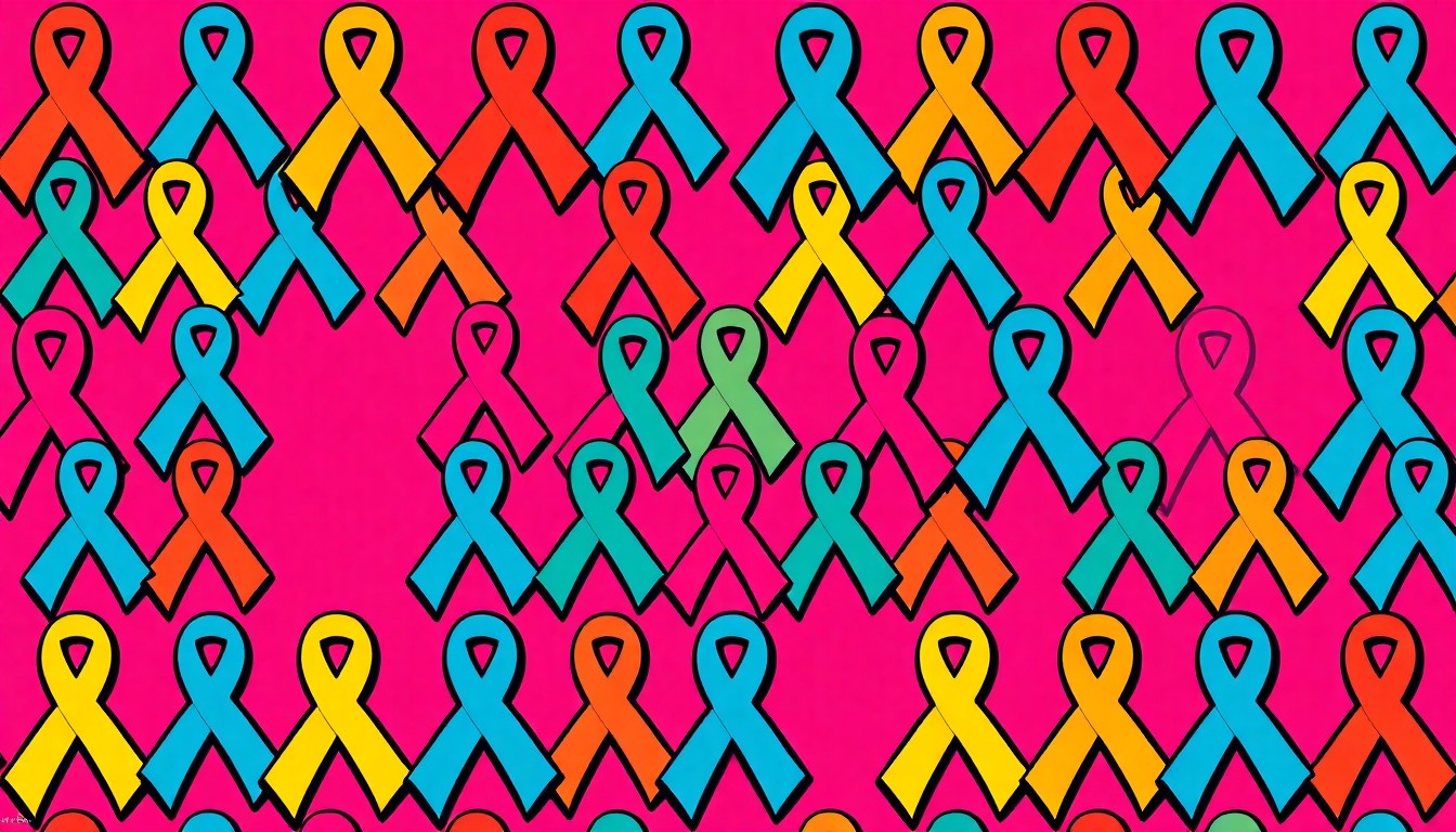 A bold, colorful silkscreen-style illustration featuring a repeating grid of stylized autism awareness ribbon icons in vibrant neon shades, conceptually representing the energy and unity of the Charleston autism walk event.