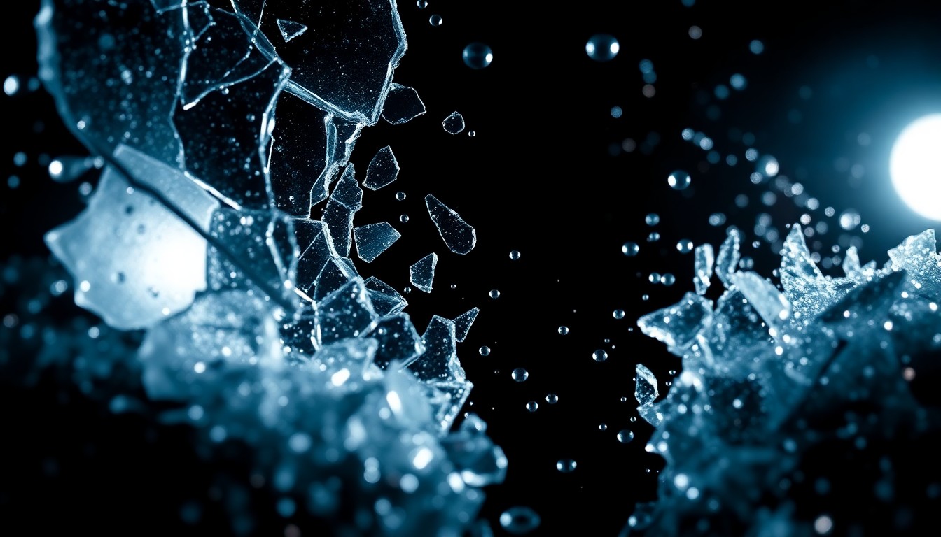 An abstract close-up image of shattered glass and glittering sequins, conveying the glamour and tragedy of the entertainment industry.