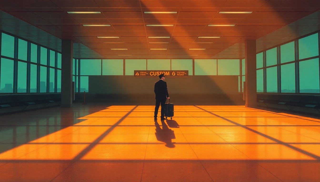 A solitary customs agent stands alone in a dimly lit airport terminal, the warm glow of sunlight casting long shadows across the empty space, conceptually illustrating the tension between federal immigration policies and sanctuary city resistance.