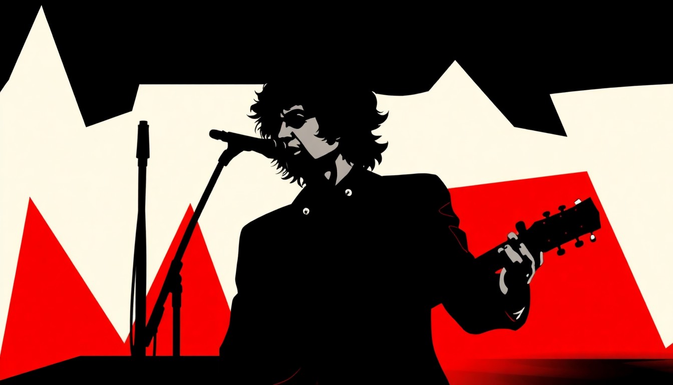 An abstract, minimalist illustration featuring stark black silhouettes of a guitar and microphone against a bold red background, conceptually representing the iconic presence of Bob Dylan on stage.