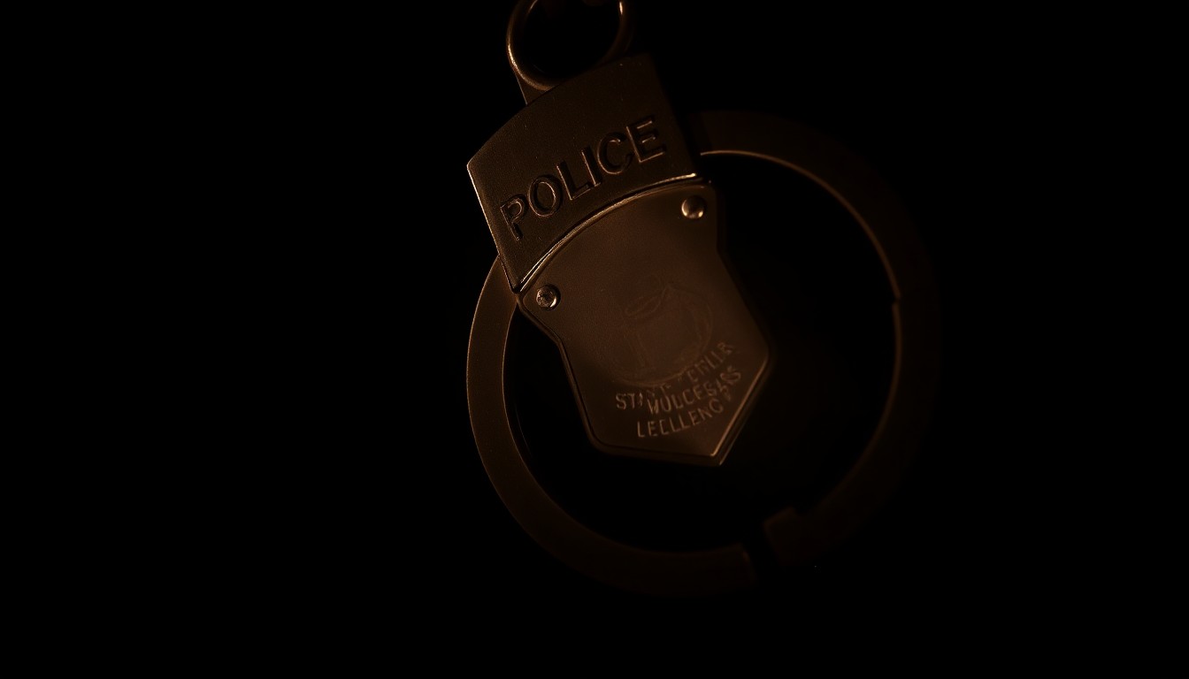 An extreme close-up of a police badge reflecting harsh, direct lighting against a dark background, conceptually representing the gritty investigation into the former police chief's dismissal.