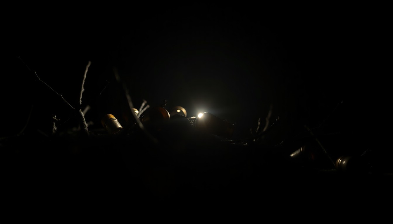 An extreme close-up photograph of spent shell casings and damaged tree branches, capturing the stark, gritty aftermath of a shooting incident in a residential neighborhood.