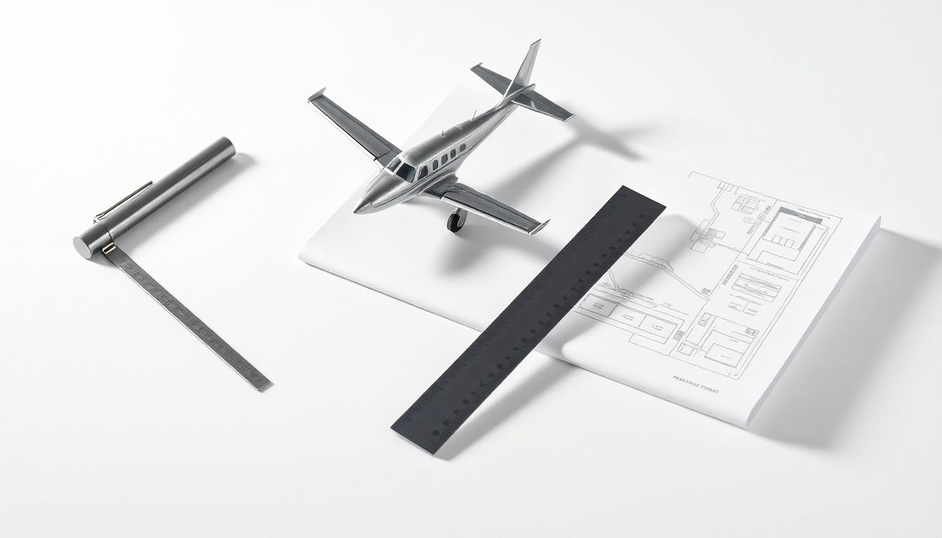 A photorealistic studio still life featuring a small metal model airplane, a metal ruler, and architectural blueprints, symbolizing the careful planning and investment needed for airport infrastructure improvements.