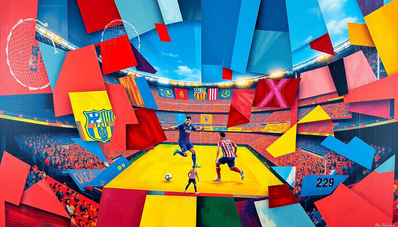 A fractured, geometric painting depicting a Champions League soccer match between Barcelona and Atletico Madrid, with the players and stadium environment broken down into abstract, overlapping shapes and planes in vibrant colors.