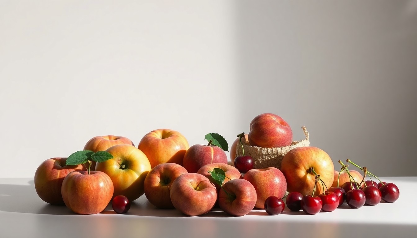 A high-end, photorealistic studio still-life photograph featuring a carefully arranged display of freshly picked apples, peaches, and cherries from OHF Orchards, set against a clean, monochromatic background and dramatically lit to highlight the vibrant colors and premium quality of the family farm's harvest.