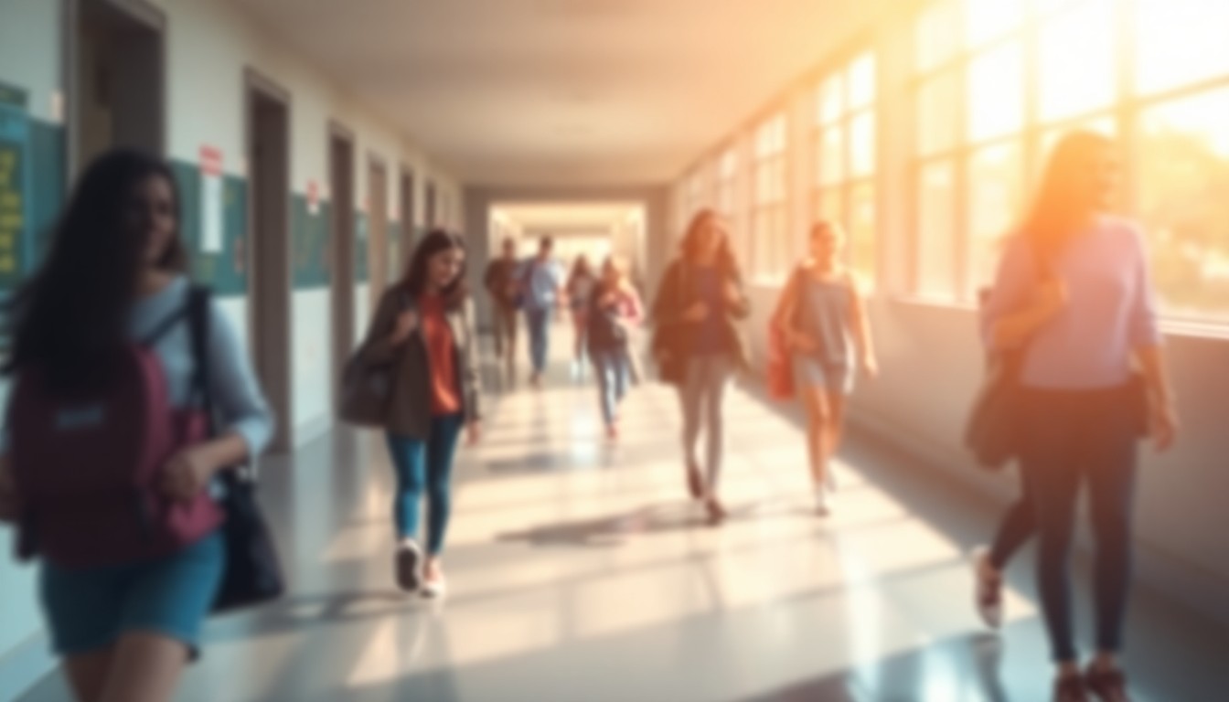 A hazy, impressionistic scene of students walking through a school hallway, with soft, warm light and muted colors creating a dreamlike, atmospheric quality that conceptually represents the district's financial turnaround.