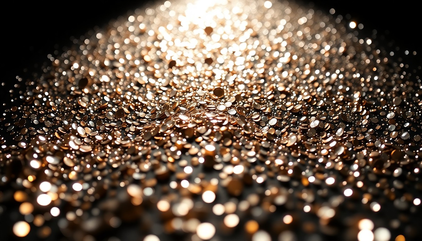 An extreme macro photograph of sparkling sequins illuminated by dramatic studio lighting, creating a high-contrast, abstract image that evokes the glamour and style of a celebrity night out.