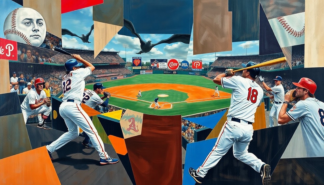 A cubist, geometric painting depicting fragmented baseball players and equipment, capturing the dynamic and ever-changing nature of the sport.