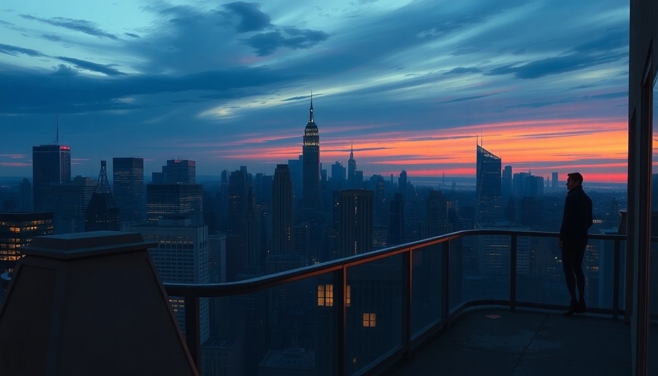 A cinematic painting of the New York City skyline at dusk, with a lone figure standing on a balcony overlooking the city. The scene is bathed in warm, diagonal sunlight and deep shadows, capturing the mood of a city in transition.
