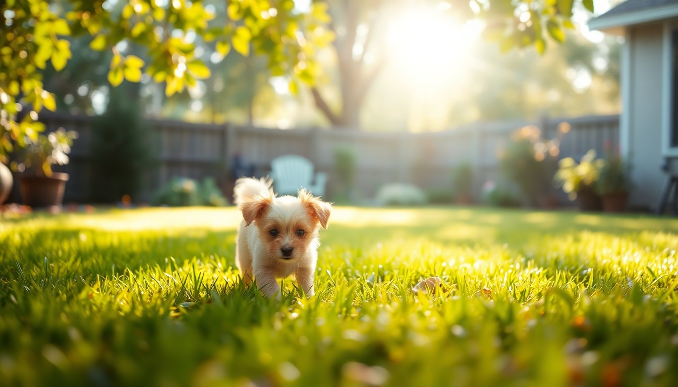 An abstract, out-of-focus photograph of a small dog playing in a backyard, with soft pools of warm light and color creating a dreamlike, atmospheric scene.