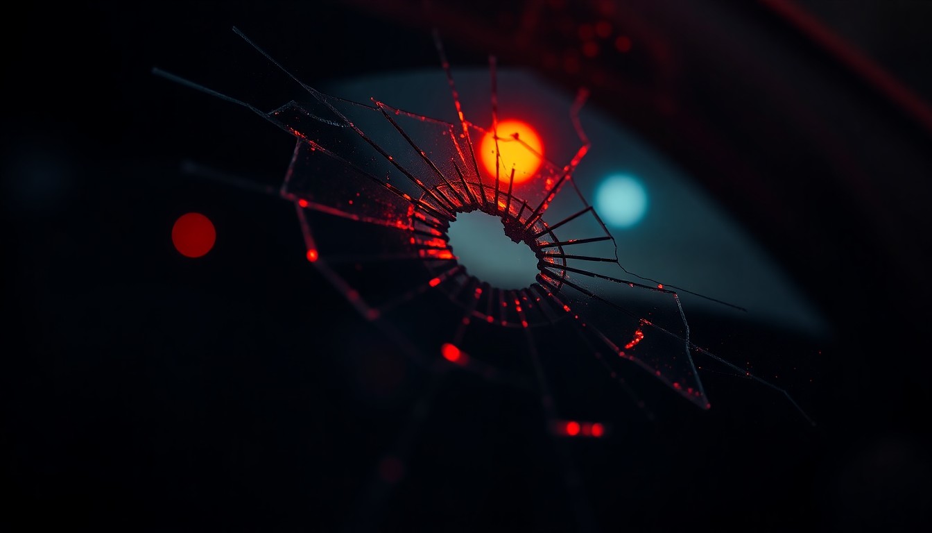 An extreme close-up photograph of a shattered car window reflecting a faint red light, conceptually illustrating the violence and aftermath of the Uber driver shooting.