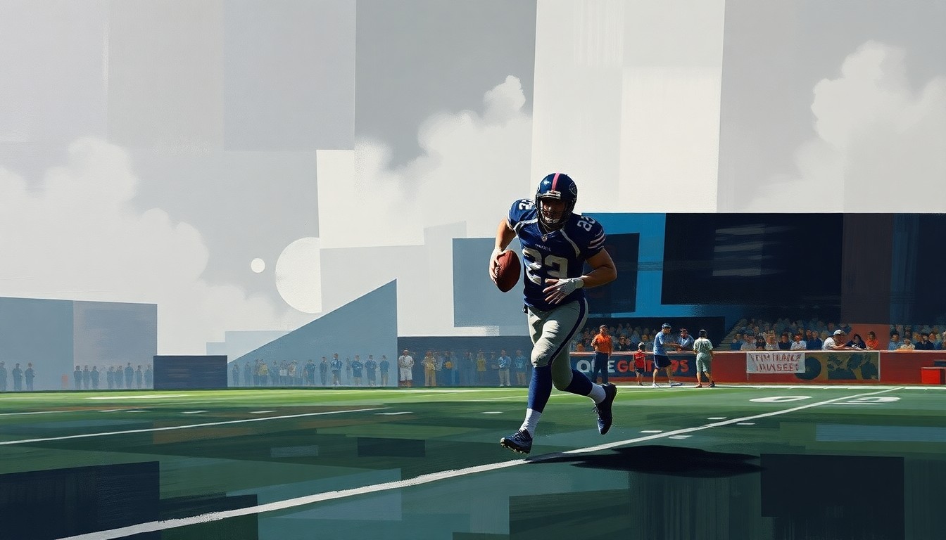 A cubist-style painting depicting a football player in mid-motion, their body broken down into sharp, overlapping geometric shapes in a palette of dark greys, deep blues, and muted reds, conceptually representing the complex personal and professional issues facing the player.